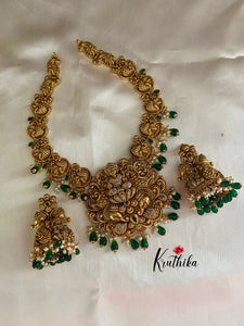 Premium polish Lakshmi peacock necklace with green bead drops NC627