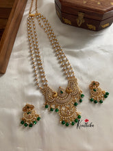 Pearls haaram with AD peacock pendant green bead drops LH313