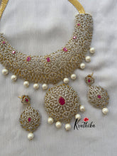 Gold like CZ Ruby floral cutwork bridal Necklace NC280
