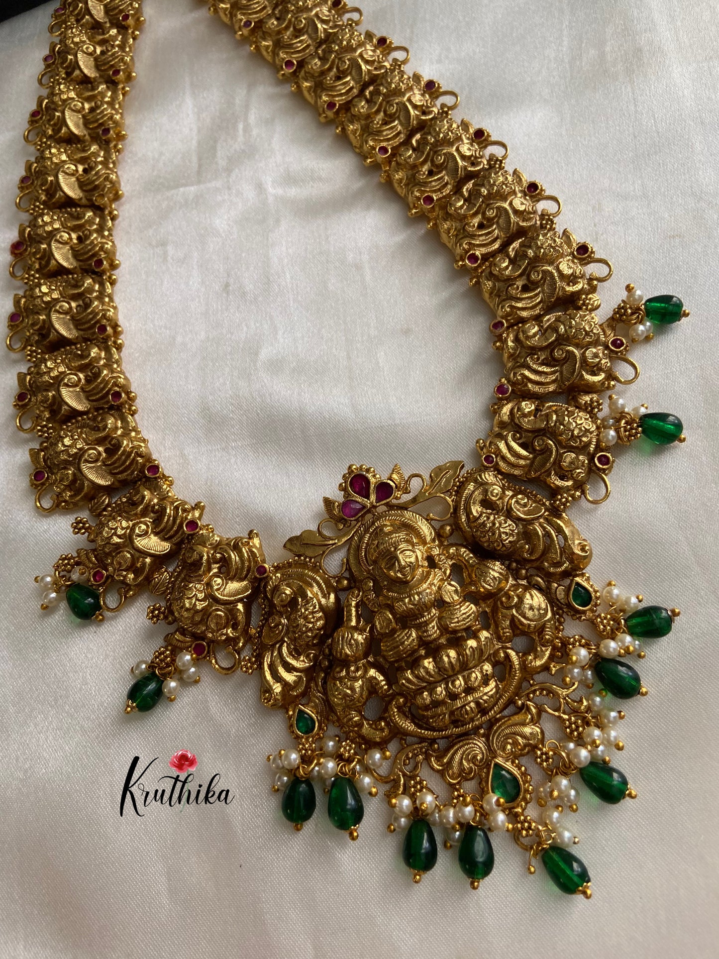 Premium polish Lakshmi Devi peacock green bead drops Haaram LH380